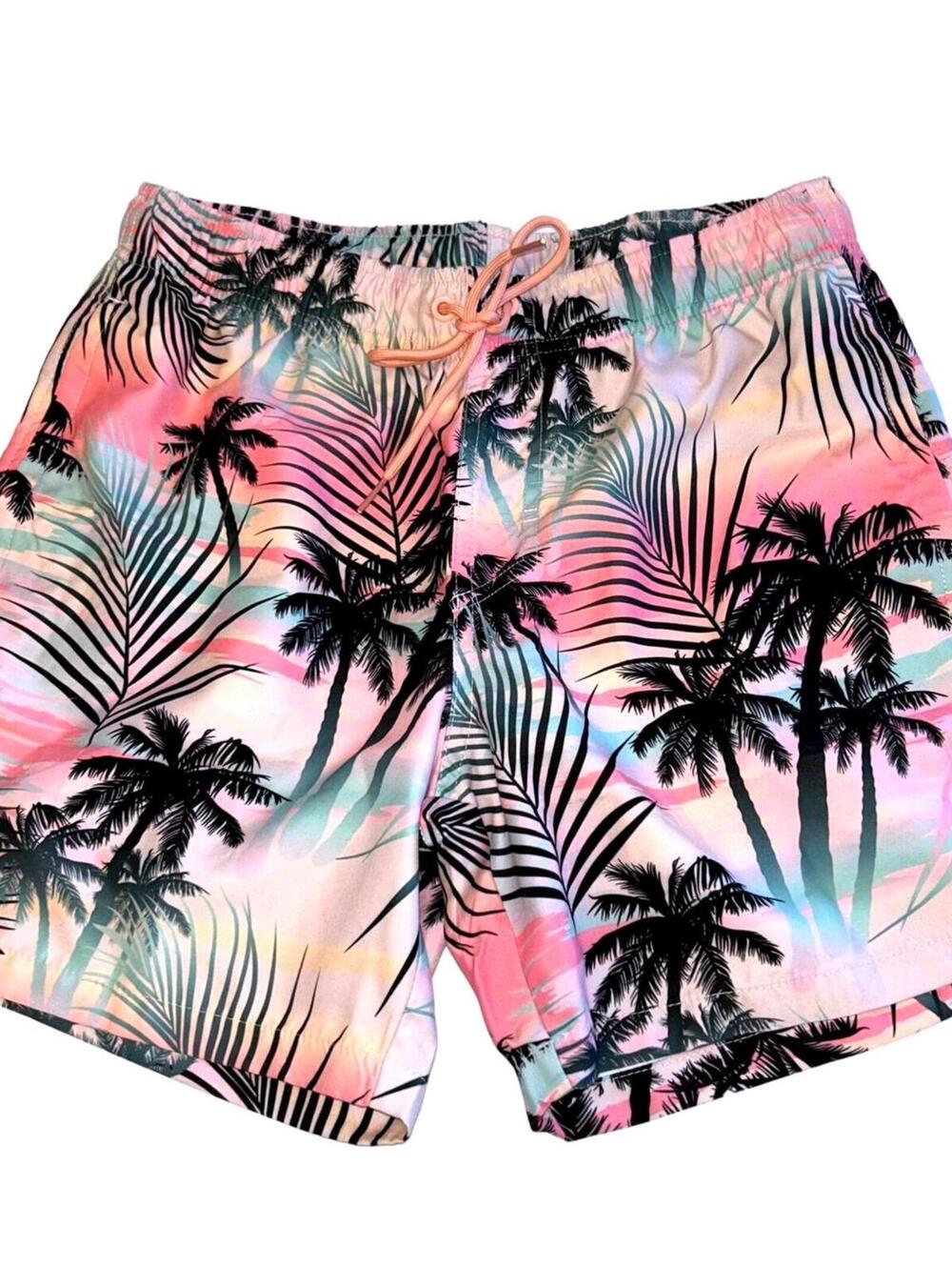 Ring of Fire Unlined Swim Trunks - Tropical Palms - Pink/Black - Men's S | NEW